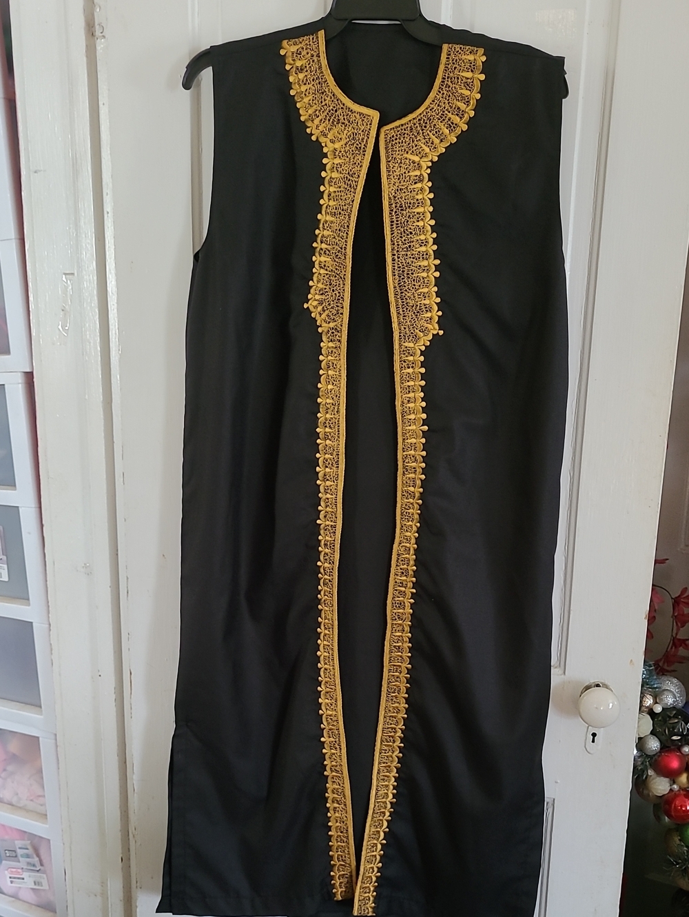 Black Sleeveless Long Vest with Gold Embroidered Trim